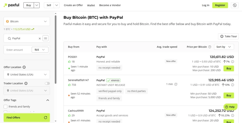 Buy bitcoin with PayPal on Paxful.
